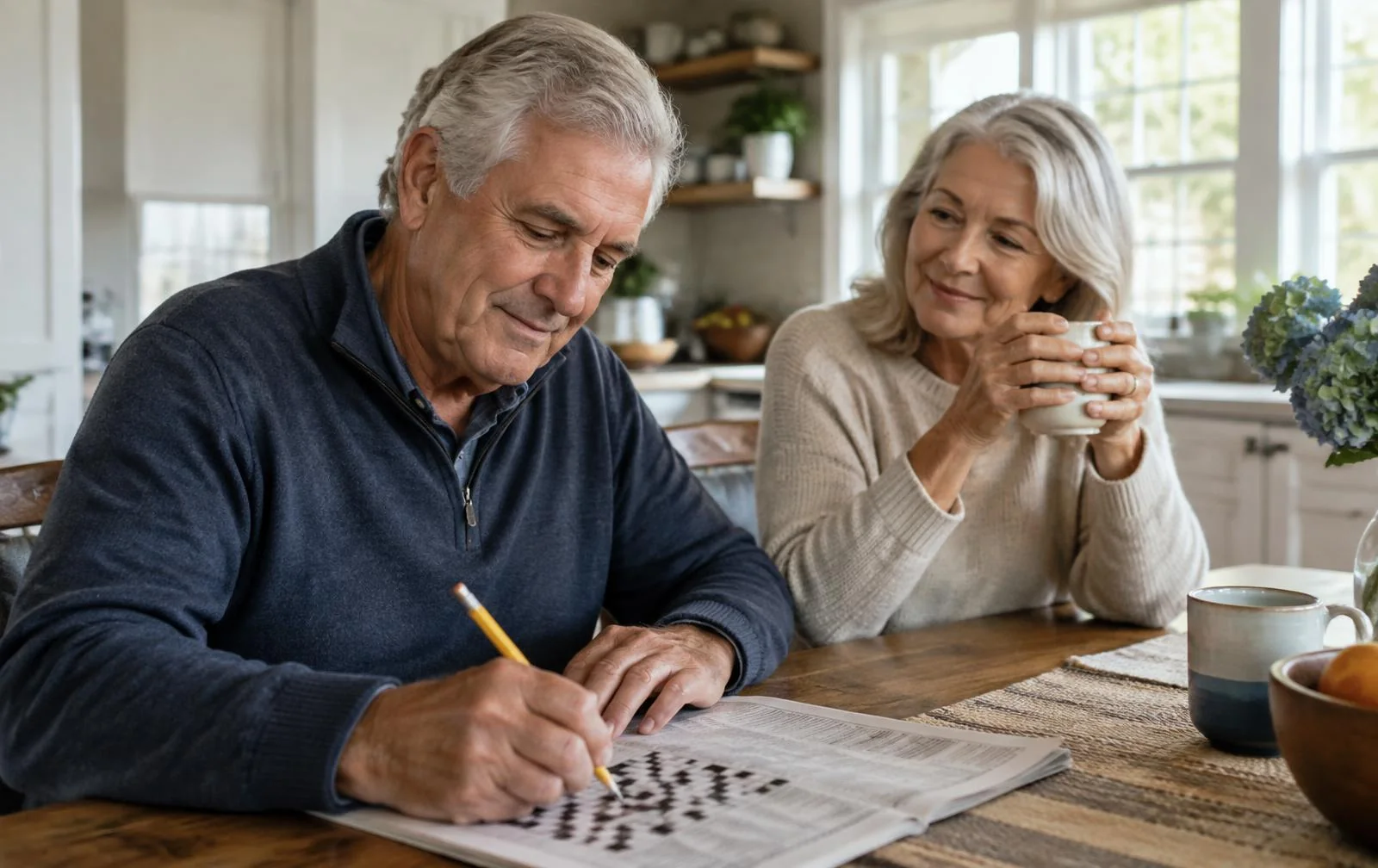 An older couple enjoying a crossword puzzle together at home